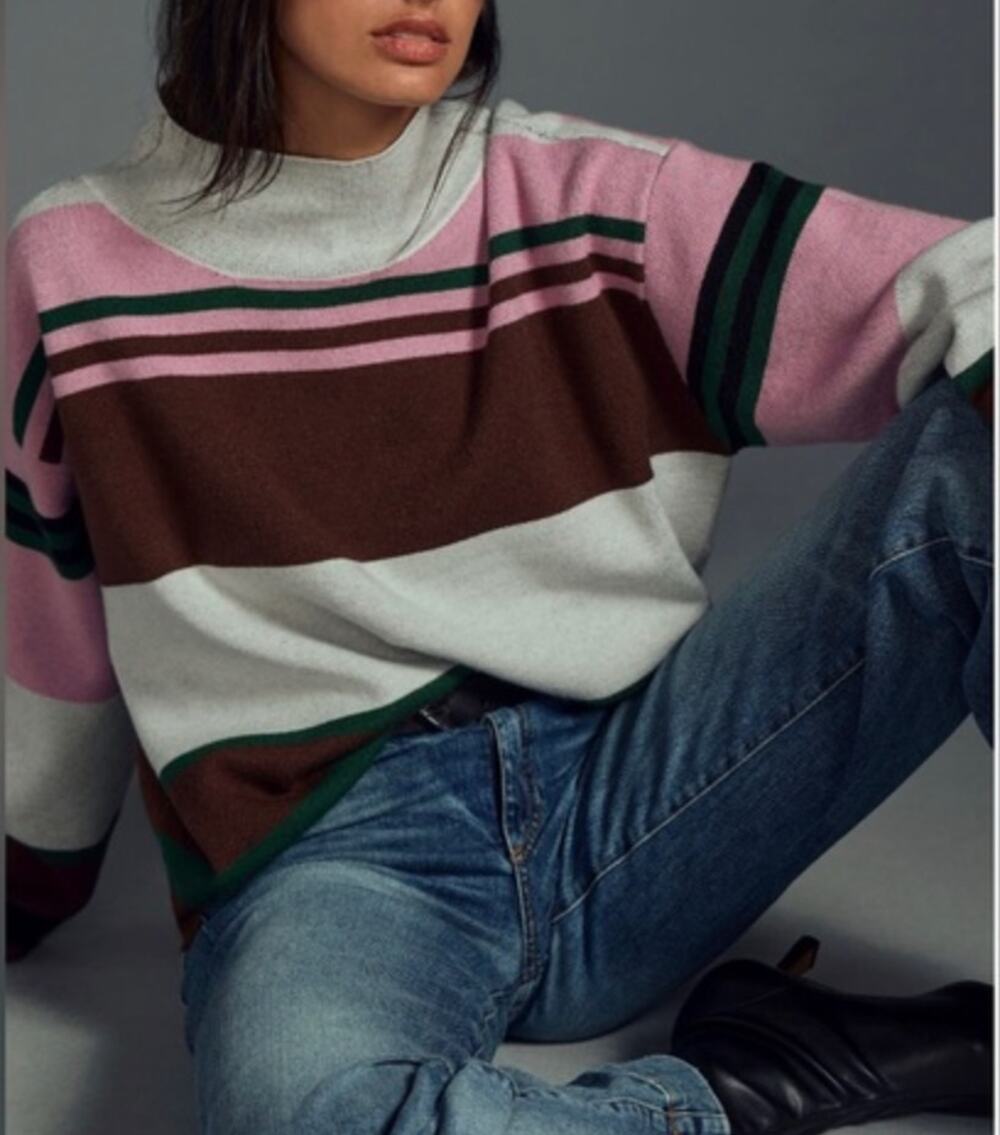 Maeve Anthropologie Striped Mockneck Long Sleeve Sweater Gray Pink XS